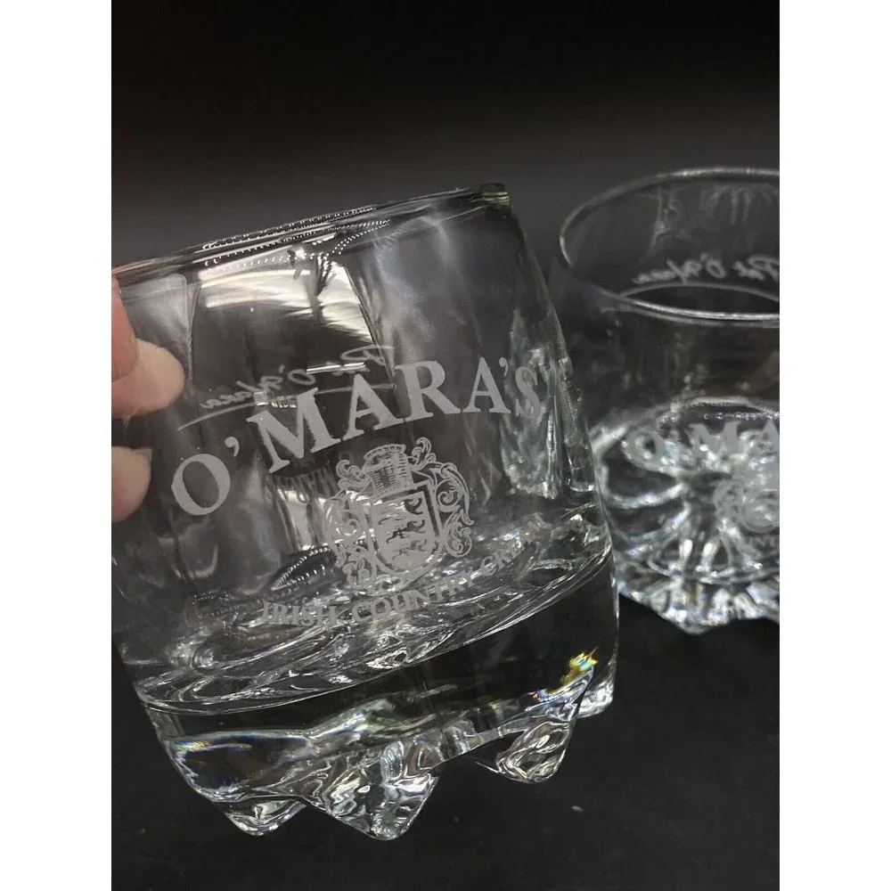 O'Mara’s Irish Country Cream Glass Lot 2 Rocks Glasses Etched Logo Pat O'Mara